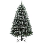 HOMCOM 5ft Artificial Pine Christmas Tree with 489 Branch Tips and Steel Base, Realistic Hinged Tree with Pinecones, Holiday Décor for Home Office, Green