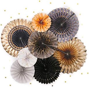 PapaKit Origami Wall Decoration Set (8 Assorted Round Paper Fans) Birthday Party New Year Graduation Events Decor | Creative Art Design Pattern (Charcoal & Gala Blue with Metallic Gold)
