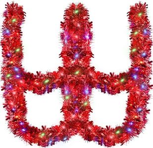 19.7FT Prelit Christmas Tinsel Garland Red Metallic Twist Tinsel Garland with LED Lights Battery Operated Xmas Hanging Greenery Garland Decoration for Christmas Tree Stairs Mantle Home Party Supply