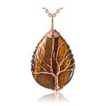 Top Plaza Wire Wrapped Tree of Life Natural Gemstone Teardrop Pendant Necklace Healing Crystal Chakra Jewelry for Women - Tiger Eye Stone