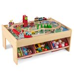 HONEY JOY Train Table, Wooden Kids Activity Table with 3 Storage Bins, 94 Multicolor Pieces, Tracks, Trains, Cars, Toddler Train Table Set with Reversible Tabletop, Gift for Boys Girls Age 3+