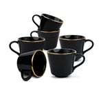 Shay Ceramic Tea Cup Set, Set of 6, Black with Real Gold Line, 200ml | Cup Set of 6 for Tea | Glossy Finish | Premium Ceramic | Real Gold Line | Tea Cup Set of 6 (Tea Cups - Black Gold Line)