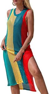 QIUYEJUO Sexy See Through Crochet Swimsuit Cover Ups for Swimwear Women Hollow Out Sleeveless Beach Long Tank Dress with Slit, B-green-04, One Size