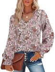 Misyula Blouses for Women Dressy Casual, Lace V Neck Puff Long Sleeve Eyelet Tops 2023 Fall Outfits Date Night Out Dailywear Shirts Khaki-Flower M