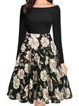 oxiuly Women's Casual Pockets Long Sleeve Off Shoulder Floral Flare Swing Party Dress OX232 (M, Black Long)