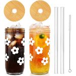 ANOTION Cute Glass Cups with Lids and Straws, Mason Jars with Flower Design, Bamboo Lid, Iced Coffee Cups Tumbler Drinking Glasses Travel Coffee Mug Perfect for Coffee, Smoothies Tea, and Wine