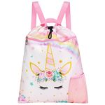 WAWSAM Unicorn Gym Drawstring Backpack - 38 x 45 cm Sports Gym Bag Drawstring Bag for Girls Kids Waterproof String Backpack for Beach Swim Travel Yoga Gift with Zipper Pocket and Water Bottle Pocket