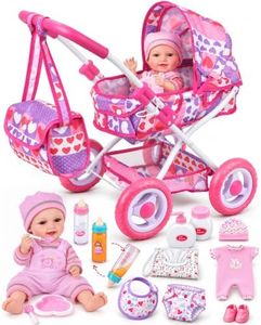 BABESIDE Baby Doll Stroller Set with 12 Inch Doll, 14 Pcs Doll Accessories