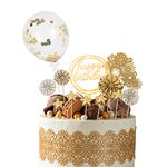 Beaface 13 PCS Birthday Cake Toppers Set, Gold Cake Decorations Happy Birthday Cake Topper, Sequins Balloon Paper Fans Stars Acrylic Cake Toppers for Birthday Party Cake Decor (Gold)