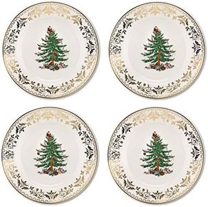 Spode Christmas Tree Gold Salad Plate (Set of 4) – 8-Inch Porcelain Dinner & Appetizer, Christmas Dinnerware & Holiday Tableware, Microwave & Dishwasher Safe, Festive Seasonal Dining Plate