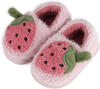 ESTAMICO Girls Slippers Kids Plush Warm House Slipper Winter Cute Indoor Memory Rubber Non Slip Shoes, Pink/Strawberry 9-10 Toddler