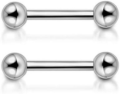 PiercingJ 2pcs Grade 23 Titanium 14G 14mm / 16mm Bar Nipple Tongue Ring Straight Barbell Nipple Rings Body Piercing Jewelry, Titanium,Steel