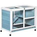 PawHut Indoor Rabbit Hutch with Wheels, Bunny Cage Guinea Pig House Small Animals Habitat W/Top Access, Ramp, Pull Out Tray, Blue