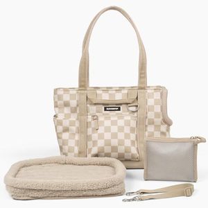 Cleverpup Transit Tote Dog Carrier for Small Dogs Under 8 lbs, 16x11x8 Soft-Sided 4-Pc Set with Waterproof Base, Plush Insert, Food Pouch, Mesh Head Opening - Small, Checkerboard