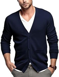 QUALFORT Men's 100% Cotton V-Neck Button Down Lightweight Cardigan Sweaters Navy Blue XX-Large