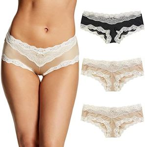 Maidenform Women's Cheeky Hipster Underwear, Lace Hipster Panties, Sexy Underwear for Women, 3-Pack, Latte Lift/Black/Latte Lift, Medium