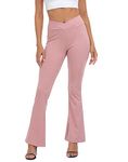 HDE Women's Crossover Flare Yoga Pants Ribbed High Waist Wide Leg Bell Bottoms, Pink, S