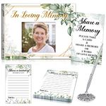 Spakon Funeral Guest Book Set for Memorial Service Celebration of Life Guest Book and 100 Pcs Double Sided Prayer Funeral Cards Silver Signature Pen and Memory Table Sign(Green Leaf Style)