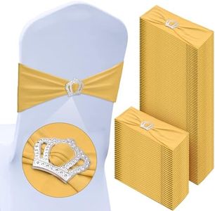 VitalCozy 100 Pcs Spandex Chair Sashes with Crown Buckle Spandex Stretch Chair Bands Cover Ties with Buckle Slider Chair Cover Band Chair Sashes Chair Cover Bands with Buckle (Gold)