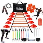 Elite Athletics Speed & Agility Ladder Training Set | Includes Agility Ladder, Leg Resistance Bands, 10 Cones, Running Parachute, Jump Rope, 4 Steel Stakes & Carrying Bag for Athletes in All (Red)