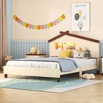 Merax Kids Beds with House Frame Headboard Full Size, Fun Wood Low Bed Frame for Boys,Girls, No Box Spring Need (Full, Cream+Walnut)