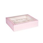 Anniversary House Pink Cupcake Box with Window and Removable 12 Hole Insert, Gingham and Polka Dot Print, 1 Pack, Easy Assembly, 7.5 x 25 x 31 CM, J163