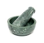 KLEO - 4" Diameter Natural Stone Mortar and Pestle Set as Spice Grinder, Medicine Masher - Okhli And Musal (Green Shallow)