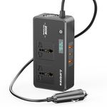 Ambrane 200W Car Power Inverter/Laptop Charger, Charge 5 Devices, 1 Type C 33W PD, 2 USB 22.5W QC, 2 AC Universal Outlets, Safe Charging Technology, For All 12V DC Socket Cars (SmartStrip Auto, Black)
