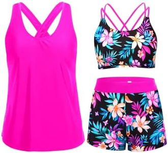 Holipick Pink Flower 3 Piece Tankini Swimsuits for Women Tummy Control Bathing Suits Swim Tank Top with Bra Boy Shorts Teen Swimwear 18W