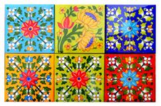 Shiv Kripa Blue Pottery Home Decor Ceramic Wall Tile Flooring Tiles Designer Floral Kitchen Washroom Mosaic Furniture Tile Handmade Backsplash 4 x 4 Inch Pack of 6 Tiles (Multi)