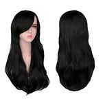 AOMIG Long Wavy Black Wigs for Women, 3 Pack Long Black Wigs Set with Sunglass & Wig Cap, Natural Full Long Curly Anime Cosplay Wig with Bangs, 28 Inch Synthetic Wig for Daily Cosplay Party Use