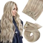 Moresoo Clip in Human Hair Extensions Blonde Real Hair Extensions Clip in Ash Blonde with Platinum Blonde Highlight Clip in Extensions 12 Inch 5 Pieces/70g #P18/613
