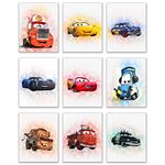 Cars Movie Poster Prints - Set of 9 (8 inches x 10 inches) Watercolor Photos - Lightning McQueen Tow Mater Doc Hudson Jackson Storm Cruz Ramirez