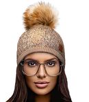 4sold Womens Ladies Winter Hat Knitted Beanie Large Pom Pom Cap Ski Snowboard Hats Bobble Small Crystals Sequins (Beige)