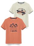 HELLCAT Trendy Typographic Printed Cotton Blend Half Sleeve T-Shirt for Boys - Pack of 2 / Saffron & Beige / 9-10 Years