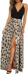 Newshows Women's Summer V Neck Spaghetti Strap Sleeveless Casual Split Long Maxi Wedding Guest Dress(Leopard 01,Medium)