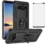 Phone Case for Samsung Galaxy Note 8 with Tempered Glass Screen Protector Cover Magnetic Stand Ring Holder Accessories Heavy Duty Rugged Protective Shockproof Glaxay Note8 Not Galaxies Gaxaly Black