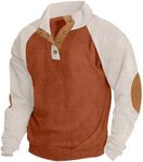 ONLYSTORY Men's Fall Corduroy Sweatshirt Patchwork Long Sleeve Stand Lapel Collar 1/4 Button Pullover Polo Sweater with Elbow Patches Brown Beige, L