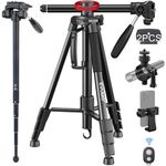 EVUMO HF3 Camera Tripod Monopod, 65'' Rotatable Horizontal Center Column Tripod Stand with Remote & Phone Mount, Compact Portable Travel Tripod for DSLR, Camcorder, iPhone, Ring Light, 11lb/5kg Load