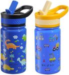 BUZIO 2 Pack Insulated Kids Water Bottle, 14oz Stainless Steel Water Bottles with Tritan Straw Lid, BPA-FREE Lead-Free Double Wall Leak Proof Drink Cups Flask for School (Blue Car +Blue Dinosaur)