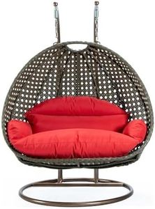 LeisureMod 2 Person Wicker Egg Chair Outdoor Indoor Bedroom Patio Hanging Lounge Swing Hammock Chairs with Beige Stand and UV Resistant Cushions (Red)
