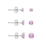 Pink Cubic Zirconia Studs Earrings Set, 3 Pairs Sterling Silver Earrings Studs 3MM 4MM 5MM