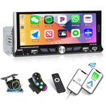 Single Din Touchscreen Car Stereo Wireless CarPlay Android Auto, 6.9 '' 1 Din Touch Screen Radio with Bluetooth FM/RDS Mirror Link SWC EQ USB/Type-C MP5 Multimedia Player + Backup Camera