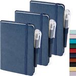 NIRMIRO A6 Pocket Journal Notebook, Mini Small Hardback Notebook Notepad Pocket Size with Elastic Closure, 3 Pack Writing Note Books Note Pad and 3 Pens Set, Blue PU Leather, 9.4 x 14.5cm