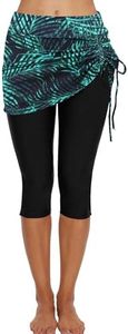 ECUPPER Womens Swim Shorts Capris Swimming Leggings Boardshorts Stretch High Waist Swimsuit Pants for Beach Surf Green Leaf US 8-10