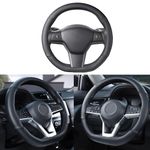 SEG Direct Flat Bottom Steering Wheel Cover, D Shaped Car Wheel Cover 14 1/2-15 in. (37-39 cm), Black Microfiber Leather