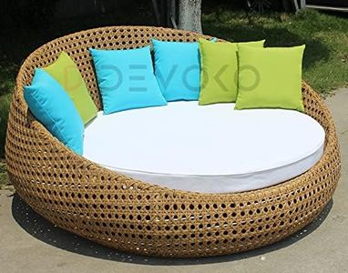 DEVOKO Outdoor Wicker Rattan Unique Design Daybed Furniture Set for Pool Side, Garden, Balcony, Porch, Backyard, Terrace, Patio, Beach (Honey Color Wicker and White Cushion) 2 Seater