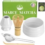 Marce Matcha Whisk Set- Matcha Set includes Matcha Whisk and Bowl (Matcha Bowl), Matcha Sifter, Matcha Whisk Holder and Matcha Scoop- The Perfect Bamboo Whisk for Matcha Tea (White)