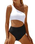 Yonique Women's One Piece Bathing Suit One Shoulder Swimsuit Cutout Swimwear Monokini, White and Black, Large