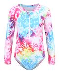 Zestonie Big Girls Long Sleeve Rash Guard One Piece Swimsuits for Kids Tie Dye Bathing Suit UPF 50+ Swim Shirts Pink Size 14/12-14 Years